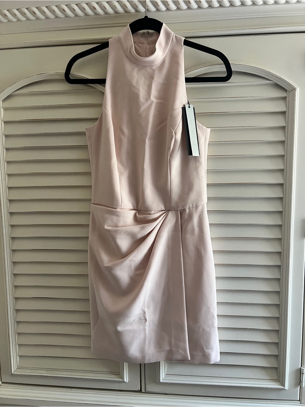 Halston Sleeveless Blush Pink Mock Neck Draped Sheath Dress